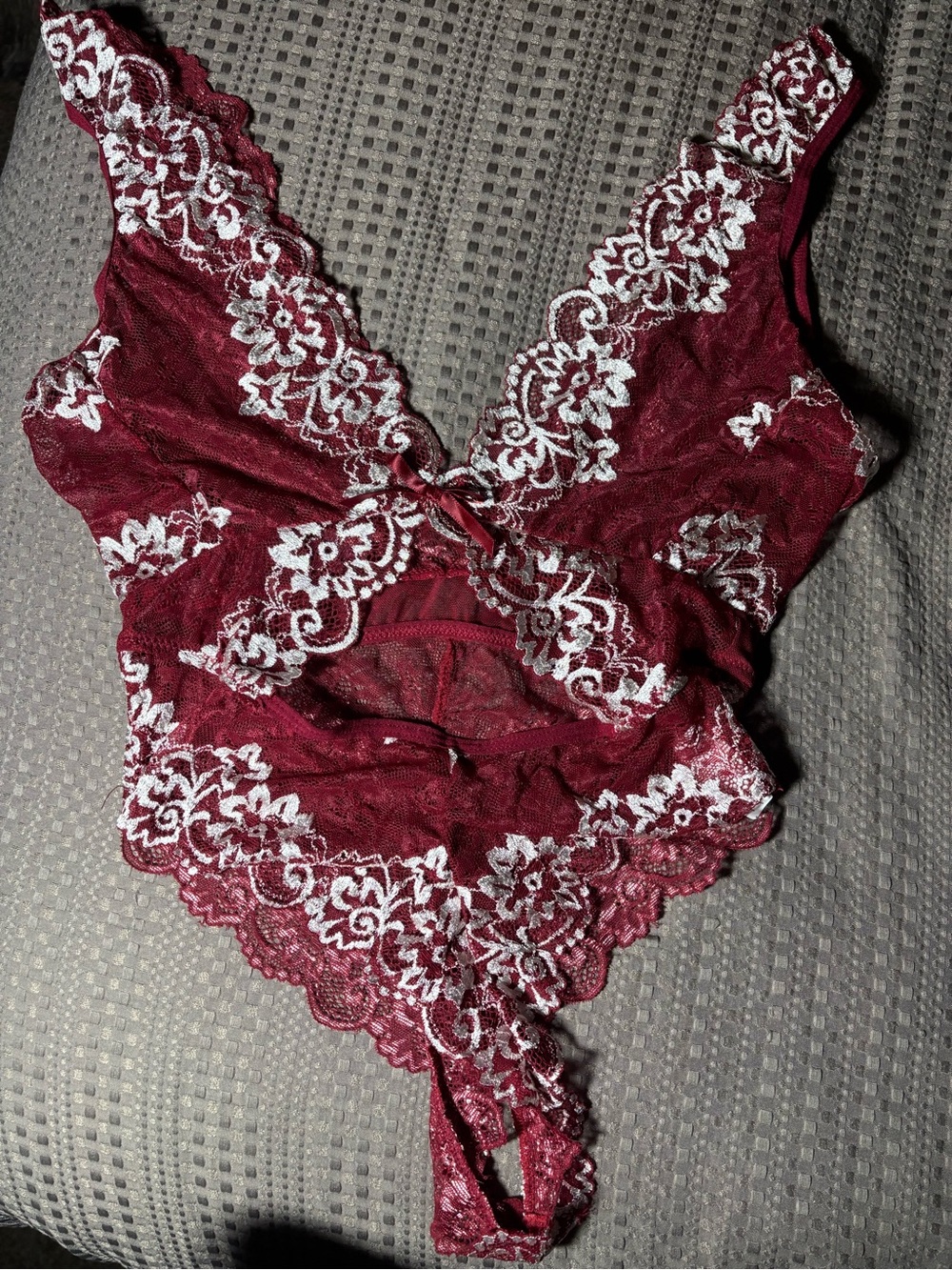 Delicate Lace Bodysuit in Burgundy with White Accents